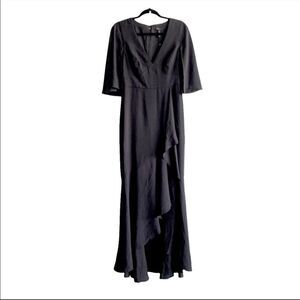 BCBGMAXAZRIA Cape Sleeve V-Neck Asymmetrical Ruffle Maxi Dress Gown Black 10